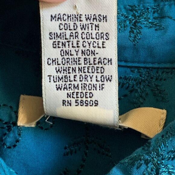 Bechamel Women Button Up Shirt Size LARGE Teal Embroidered Long Sleeve Cotton - Picture 11 of 12
